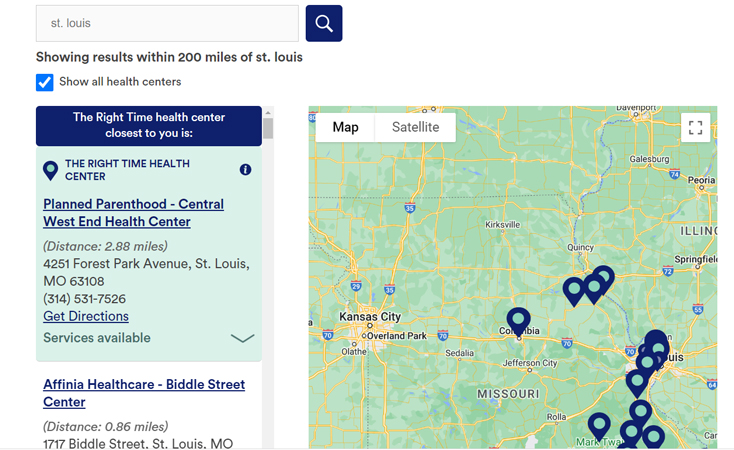 screenshot of health center locator